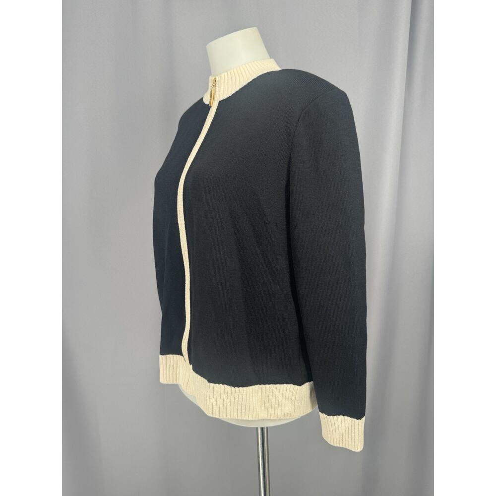 Vintage ST JOHN Cardigan Womens Medium Black Ivory Full Zip Wool Blend - Picture 4 of 12